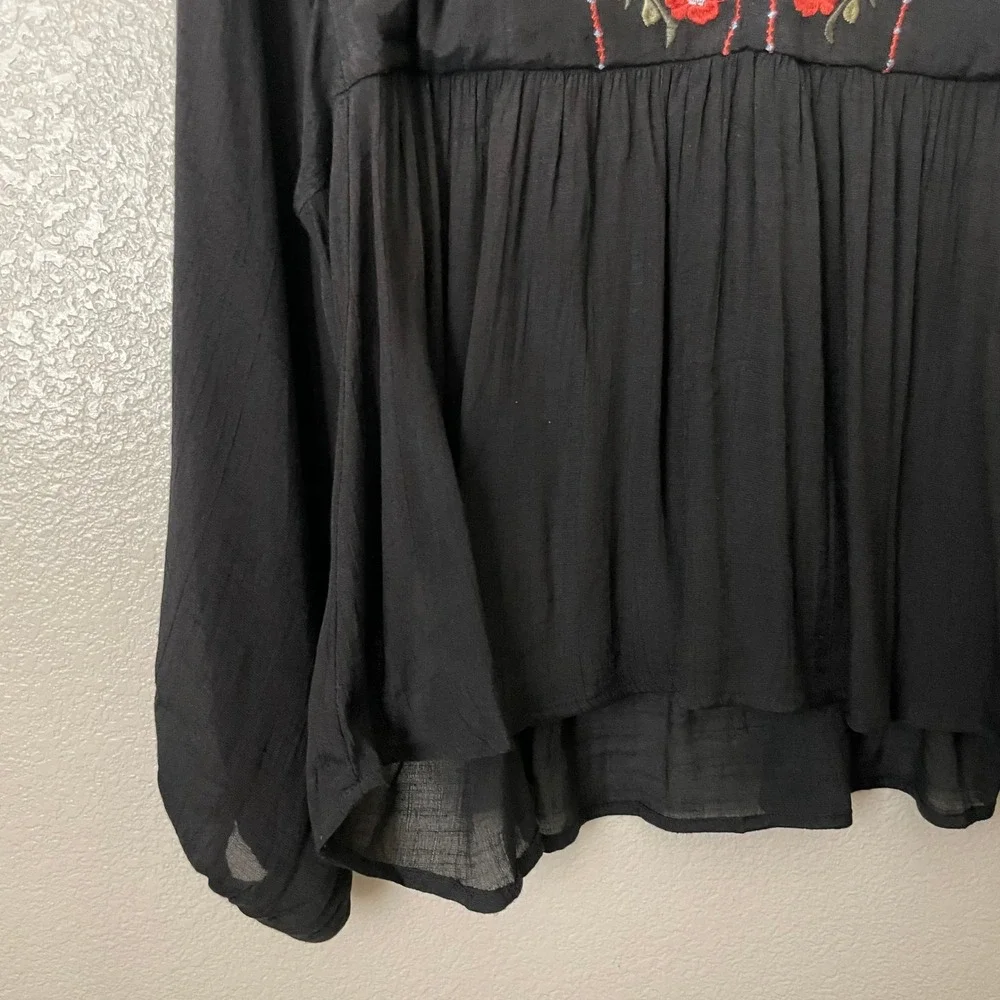 Umgee Top Womens 1XL Black Floral Embroidered Babydoll Blouse Boho Cottagecore - Picture 5 of 12